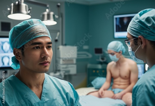 A focused surgical team prepares for an operation in a sterile operating room, with one surgeon deep in thought.