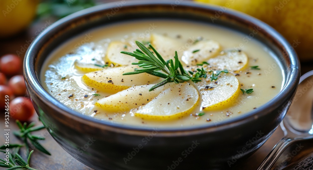 Creamy lemon soup garnished with herbs and lemon slices served in a rustic bowl Creamy lemon soup garnished with herbs and lemon slices served in a rustic bowl