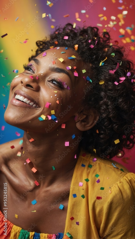 A woman is smiling and surrounded by colorful confetti A woman is smiling and surrounded by colorful confetti