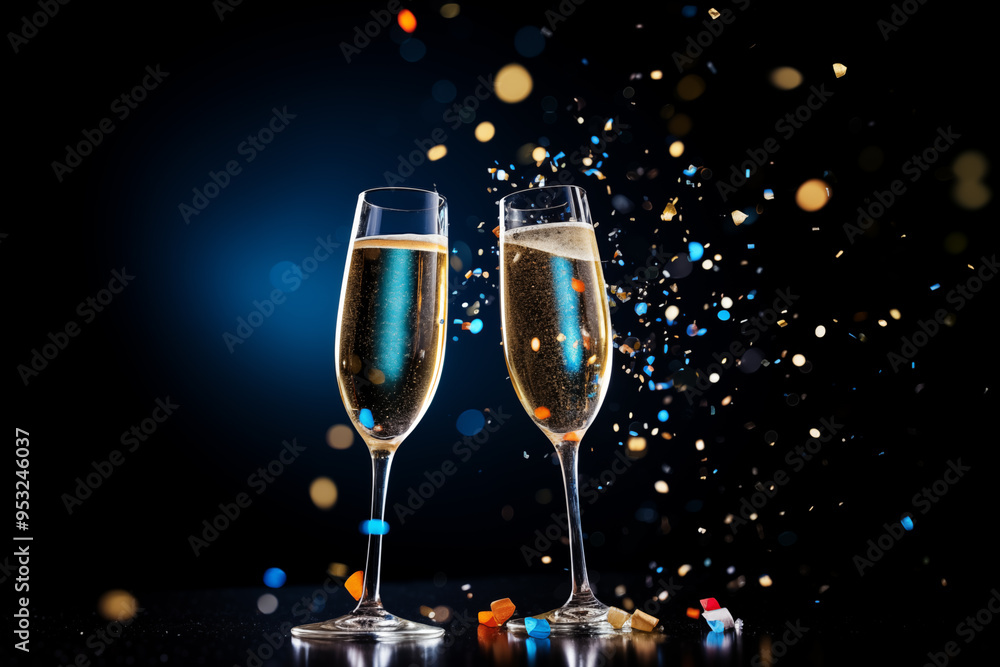 Two champagne glasses new year party with blur orange confetti on bokeh dark blue background Two champagne glasses new year party with blur orange confetti on bokeh dark blue background