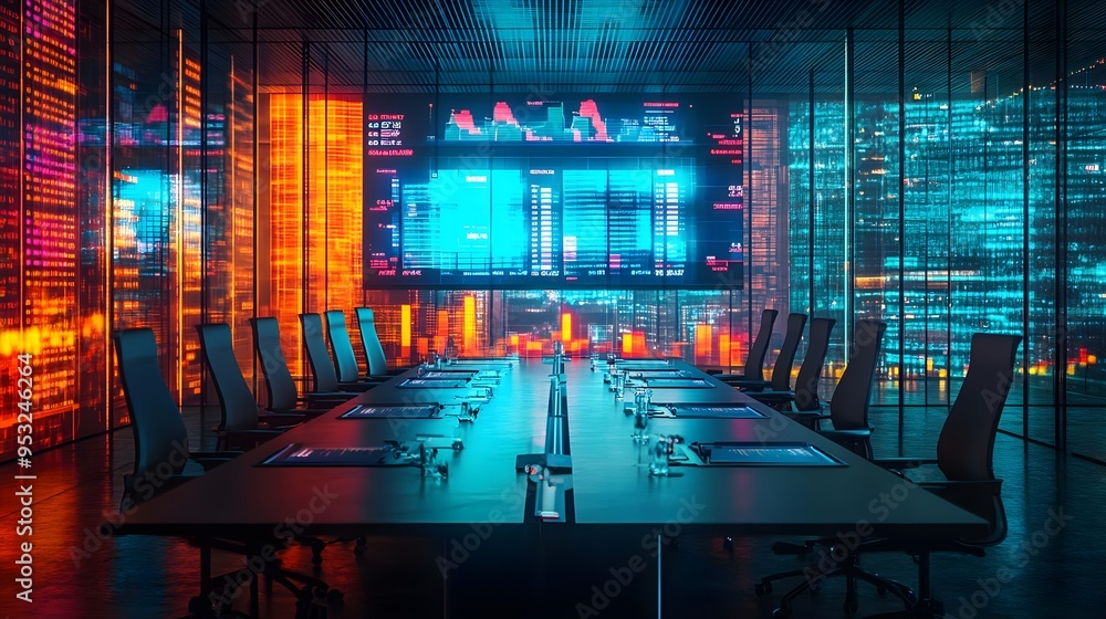 Modern Conference Room with Cityscape View and Data Screens Modern Conference Room with Cityscape View and Data Screens
