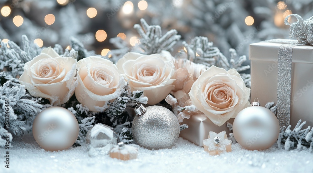 Elegant white roses and decorated gifts create a cozy holiday atmosphere in winter decor Elegant white roses and decorated gifts create a cozy holiday atmosphere in winter decor