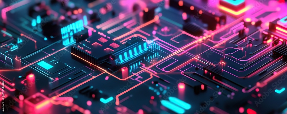 Obraz premium Abstract Circuit Board with Neon Lights