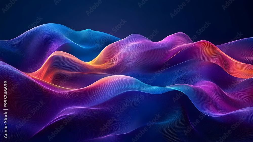 Obraz premium Abstract digital landscape with wavy lines in blue, purple and orange hues.