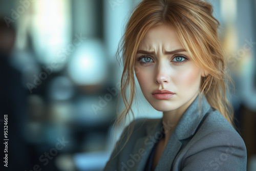 Wallpaper Mural Curious woman office worker with depth of field focus, Selective focus blonde hair business woman with anxiety emotion. Torontodigital.ca