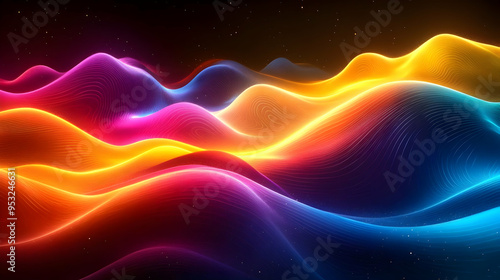 Abstract digital landscape with vibrant glowing lines in yellow, red, and blue.