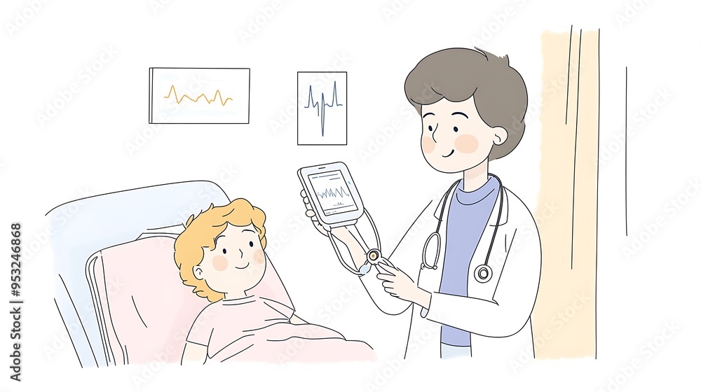 Pediatric Checkup - Cartoon Doctor Monitoring Child's Heartbeat | Simple White Background with Color Blocks Pediatric Checkup - Cartoon Doctor Monitoring Child's Heartbeat | Simple White Background with Color Blocks
