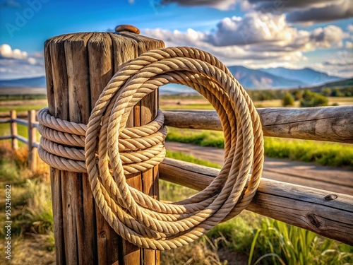 Coiled lasso rope lies on weathered wooden fence post amidst rural landscape, evoking classic western themes of rugged individualism and rugged outdoor adventure. photo