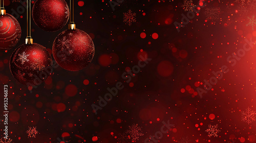 This vibrant red Christmas background features four elegant hanging Christmas balls and delicate snowflakes, creating a festive atmosphere. Generative AI photo