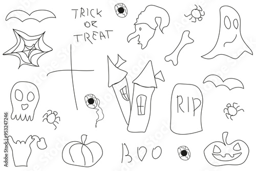 Simple Doodle hand drawn Halloween element. Children's scribble hand drawing art. Black and white vector outline object. EPS 10