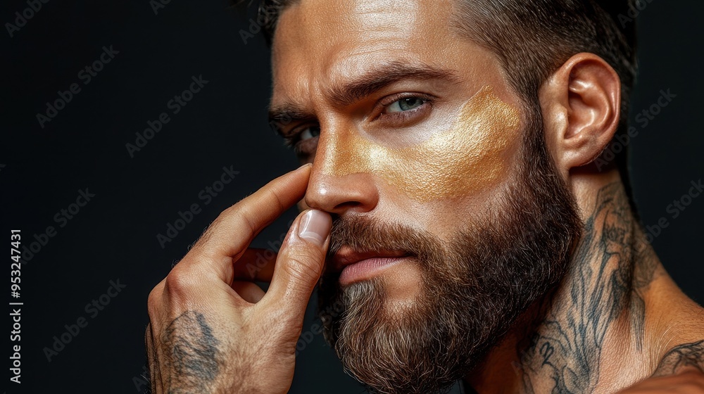 Muscular man with a beard applying highlighter to his cheekbones, breaking beauty stereotypes, inclusive glamour. Muscular man with a beard applying highlighter to his cheekbones, breaking beauty stereotypes, inclusive glamour.