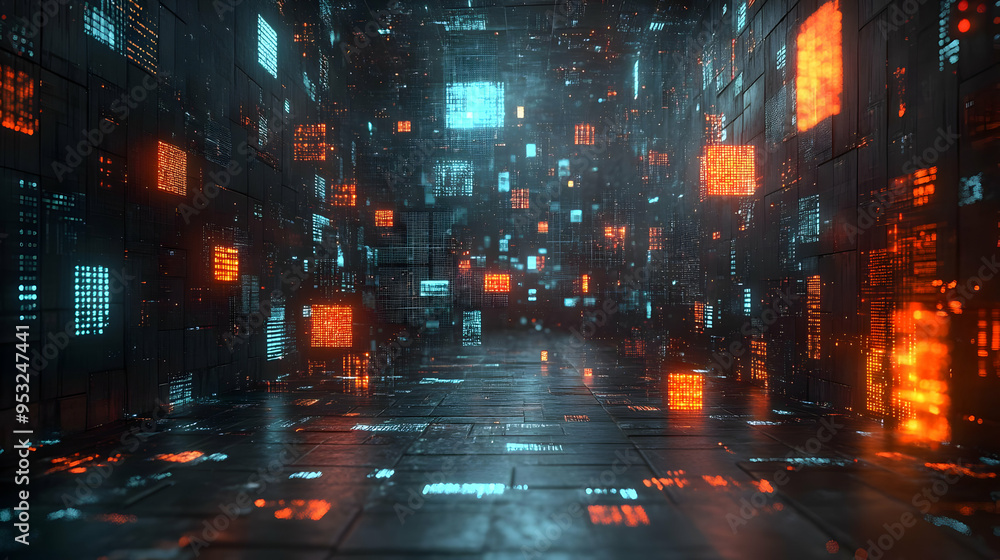 Abstract digital room with glowing square patterns and a reflective floor. Abstract digital room with glowing square patterns and a reflective floor.