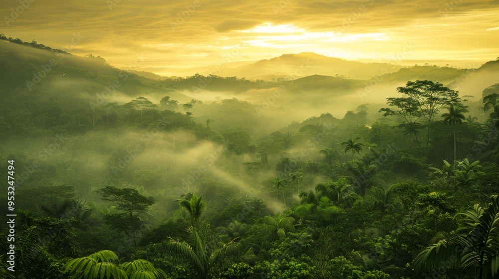 Photography of a sunrise overlooking the Costa Rica highlands, in the tones of green and yellow, misty dawns Photography of a sunrise overlooking the Costa Rica highlands, in the tones of green and yellow, misty dawns