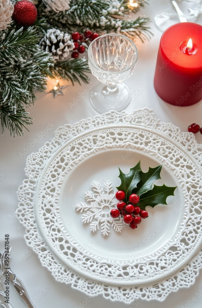 A beautifully set Christmas table with elegant plates and festive decorations A beautifully set Christmas table with elegant plates and festive decorations
