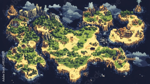Retro 8-Bit Pixel Art Fantasy World Map with Nostalgic Adventure Icons