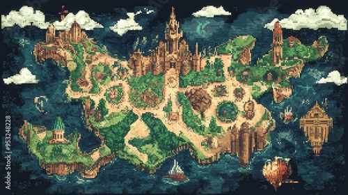 Retro Fantasy World Map - Nostalgic 8-Bit Pixel Art Adventure Planning in a Pixelated Game Design