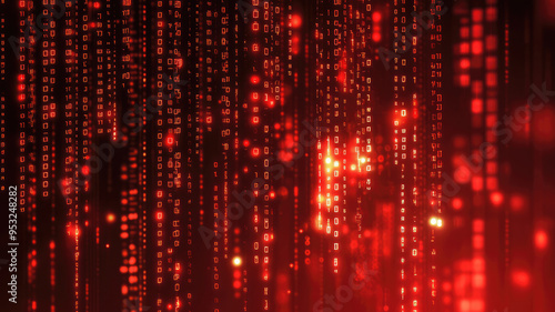 a glowing, abstract background of red binary code and digital lines, detailed and intricate image