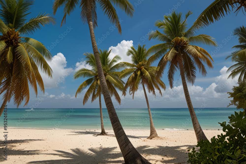Serene Coconut Tree Beach Landscape Towering Palms and Golden Sand Beside a Turquoise Ocean in a Tropical Outdoor Setting Serene Coconut Tree Beach Landscape Towering Palms and Golden Sand Beside a Turquoise Ocean in a Tropical Outdoor Setting