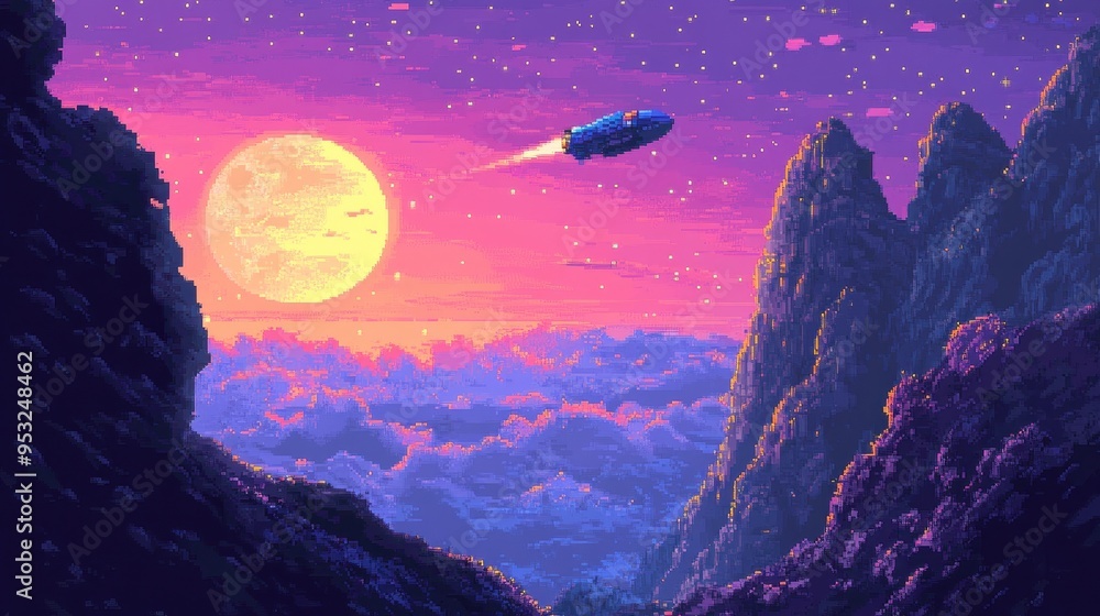 Fototapeta premium Retro Sci-Fi Exploration: Pixelated Spaceship Docking in 16-Bit Alien Planet for a Nostalgic Cosmic Journey