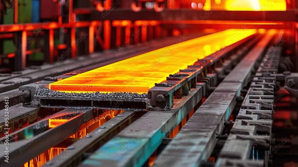 Steel plate in hot strip casting process at heavy ironworks factory. Steel plate in hot strip casting process at heavy ironworks factory.
