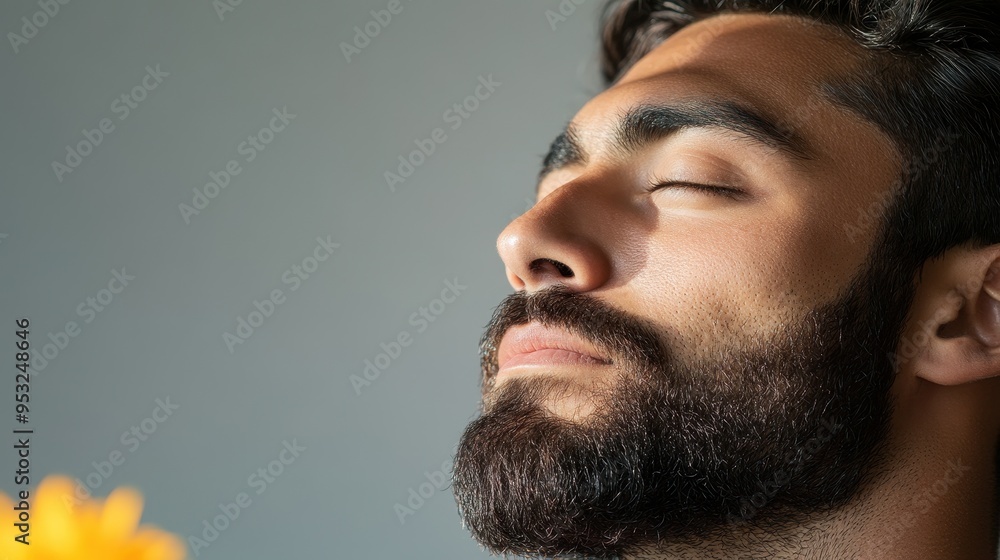 Fototapeta premium Embracing Skincare Diversity: South Asian Man with Beard Applying Face Toner Showcases Masculinity and Self-Care Routine