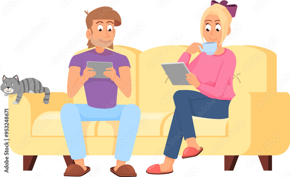 Young man and woman sit on sofa with gadgets at home Young man and woman sit on sofa with gadgets at home