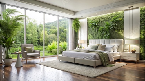 Elegant sophistication radiates from a serene white gloss bedroom furniture set against a soft gray backdrop amidst lush greenery and floor-to-ceiling windows.