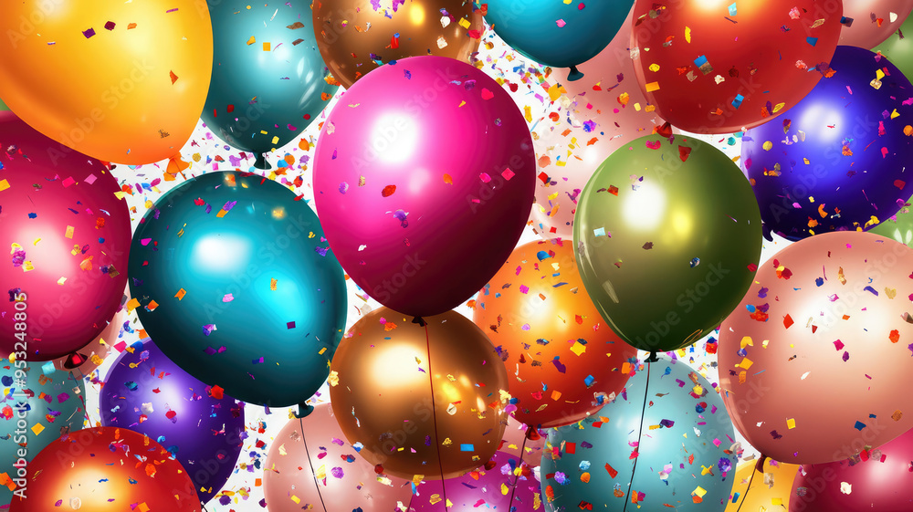 a colorful image of many balloons with a lot of confetti. the balloons are in various colors and sizes, and the confetti is scattered all over the image. scene is festive a colorful image of many balloons with a lot of confetti. the balloons are in various colors and sizes, and the confetti is scattered all over the image. scene is festive