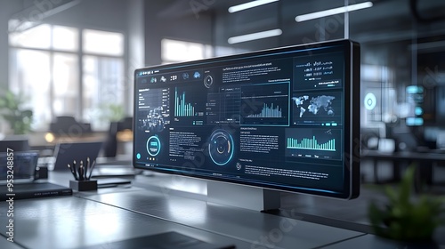 Modern Office Desk with Futuristic Data Analysis Screen