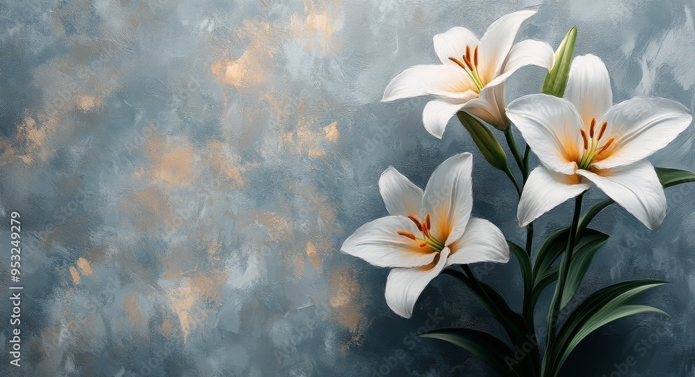 Elegant white lilies blooming against a textured blue and gold background in a serene setting Elegant white lilies blooming against a textured blue and gold background in a serene setting