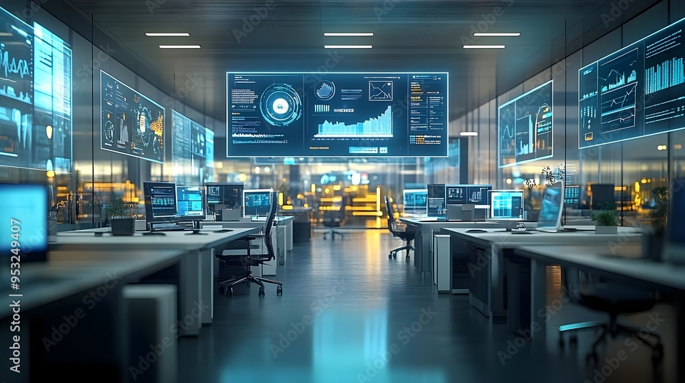 Modern Office Interior with Data Analytics Displays Modern Office Interior with Data Analytics Displays