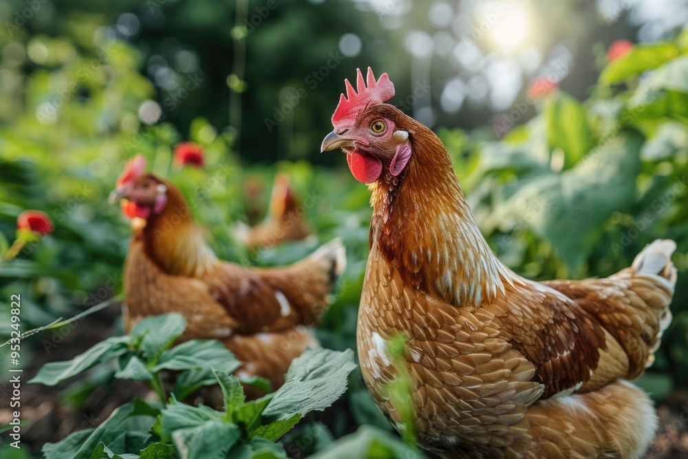 Fototapeta premium A group of chickens standing on a lush green field