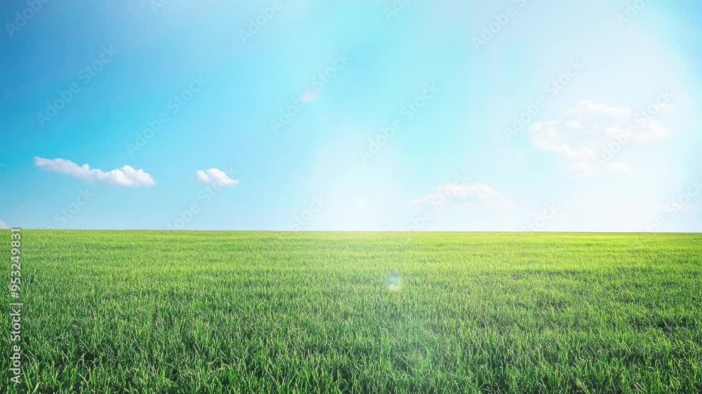 Vibrant Green Grass Field Under a Blue Sky with White Fluffy Clouds - Nature Landscape Background Vibrant Green Grass Field Under a Blue Sky with White Fluffy Clouds - Nature Landscape Background