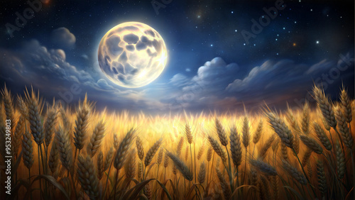 Golden wheat field under a full moon and starry night sky with dramatic clouds