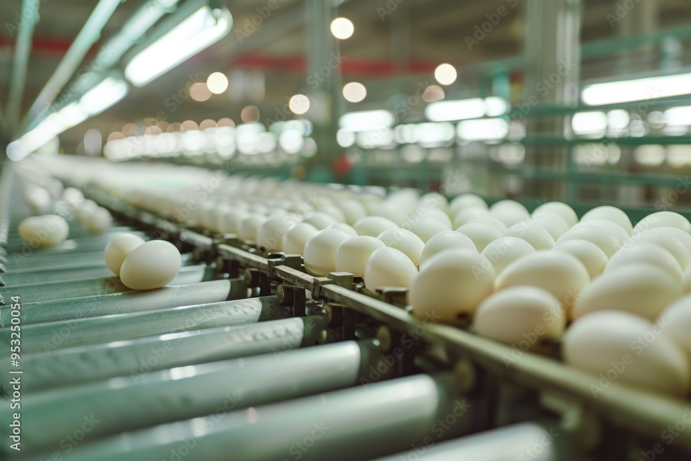 Fototapeta premium A conveyor belt loaded with many white eggs, great for food or packaging themes