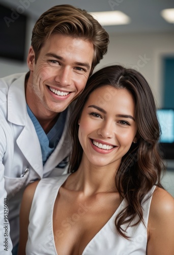 A male and female medical professional smiling together in a healthcare setting, showcasing teamwork and positivity.