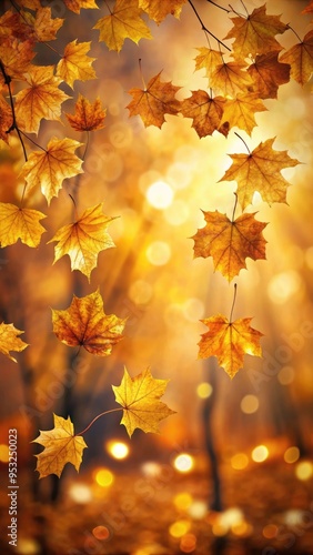 Autumn leaves bathed in warm sunlight with a soft, golden background