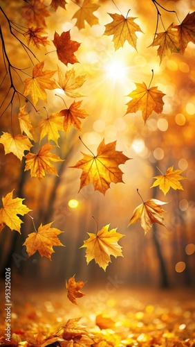 Autumn leaves bathed in warm sunlight with a soft, golden background