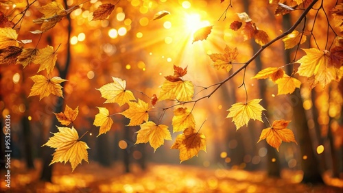 Autumn leaves bathed in warm sunlight with a soft, golden background