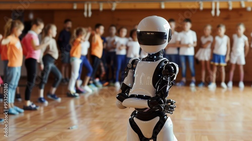 stern emotionless adult robot instructor wearing dance slippers, facing the camera standing in front of a children's dance class, full body  photo