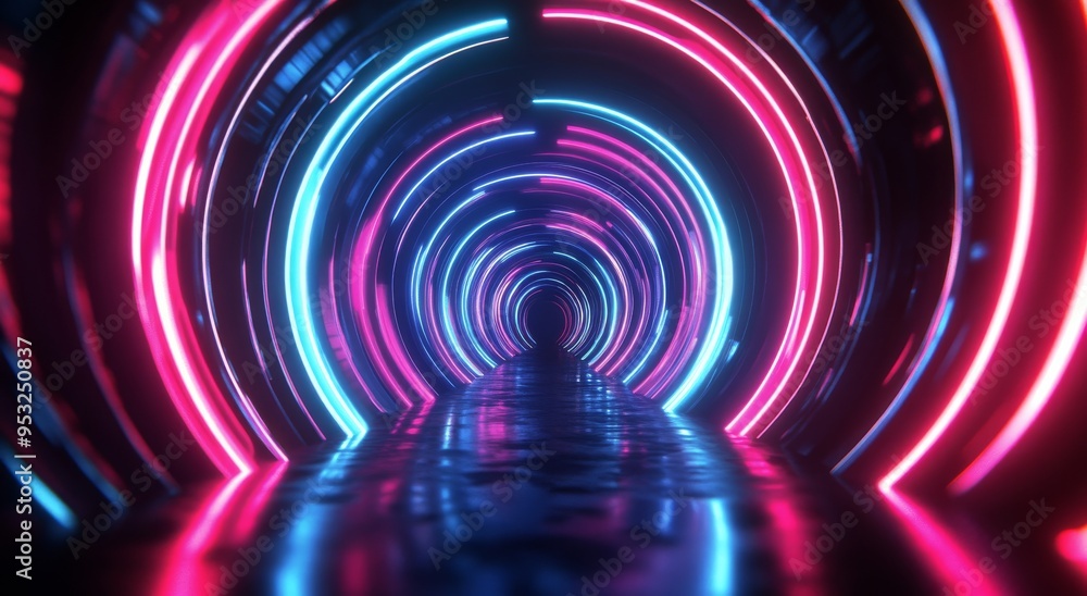 Vibrant neon tunnel illuminated by colorful lights envelops the viewer in an immersive experience Vibrant neon tunnel illuminated by colorful lights envelops the viewer in an immersive experience