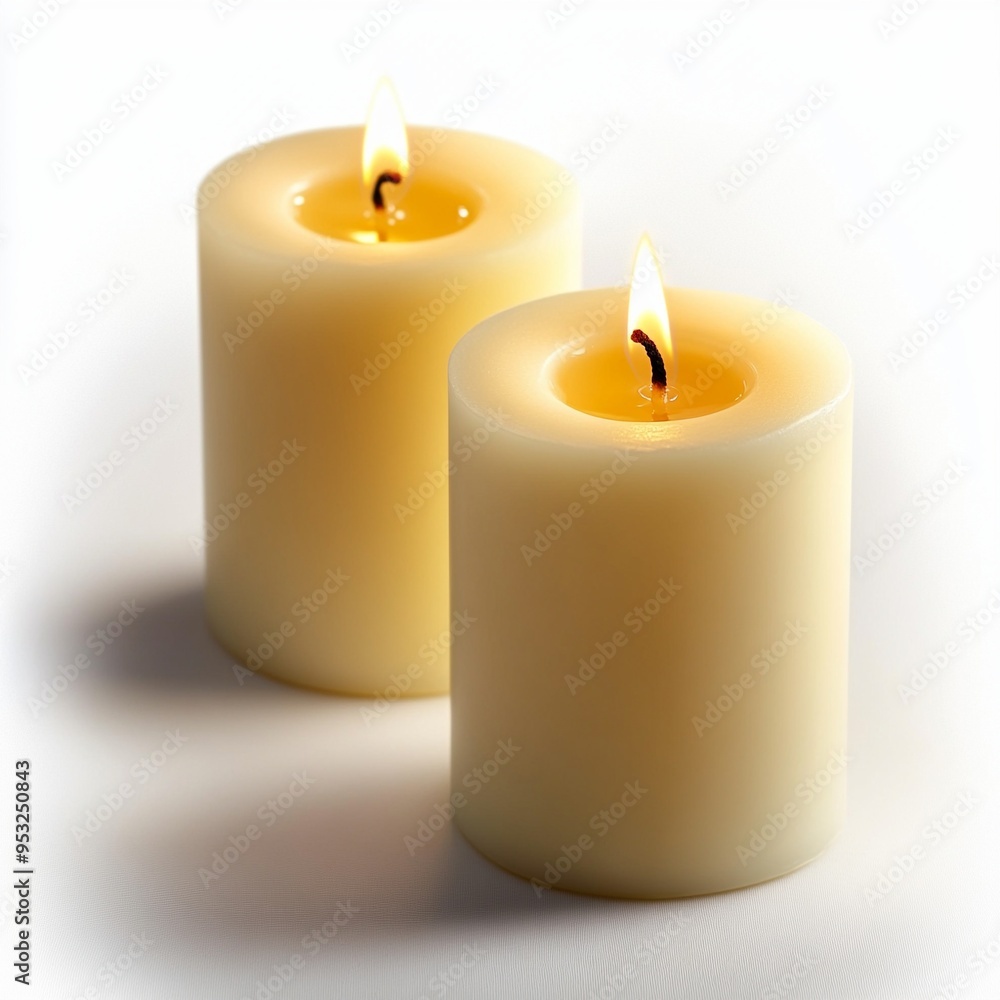 Two lit candles burning with a warm yellow glow Two lit candles burning with a warm yellow glow