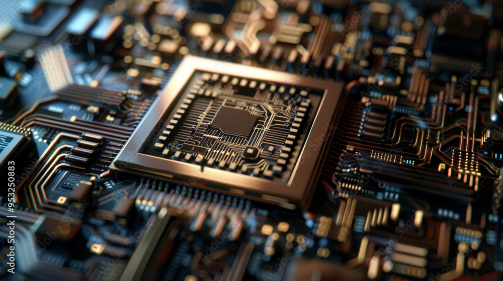 A close-up shot of a computer chip, showing the intricate circuitry and metallic components. A close-up shot of a computer chip, showing the intricate circuitry and metallic components.