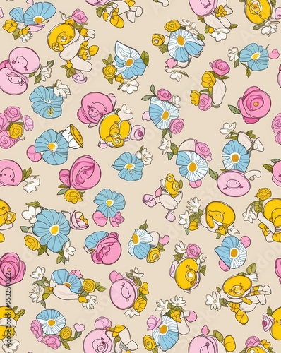 A floral patterned background with a variety of flowers and cartoon characters. Images and textures tileable, tileable pictures. background