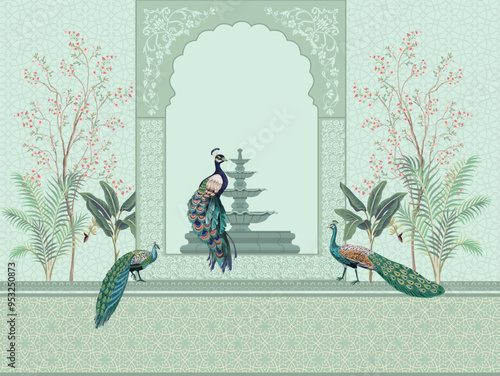 Traditional Mughal decorative wall with plants and peacock, Flowers, Mughal Arch.