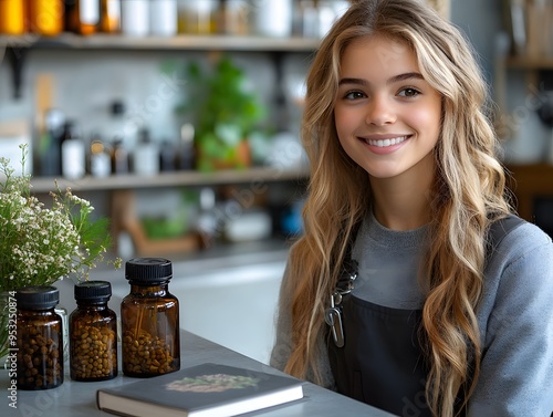 A homeopathic doctor in a modern home clinic, explaining the benefits of natural remedies to a young patient. On the countertop are bottles of herbal extracts, fresh plants, and a book on holistic