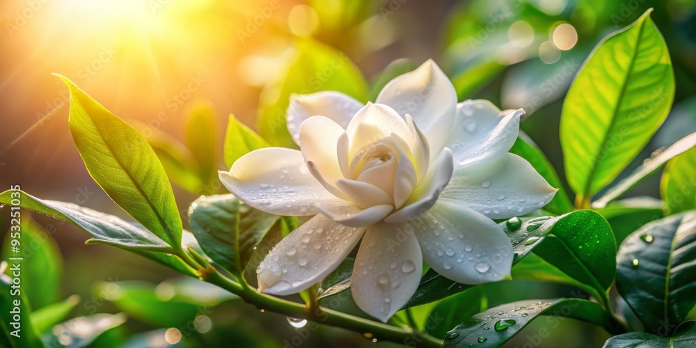Obraz premium Ethereal morning dew droplets glisten on delicate white gardenia petals amidst lush green foliage in soft, golden natural light, exuding serenity and peacefulness.