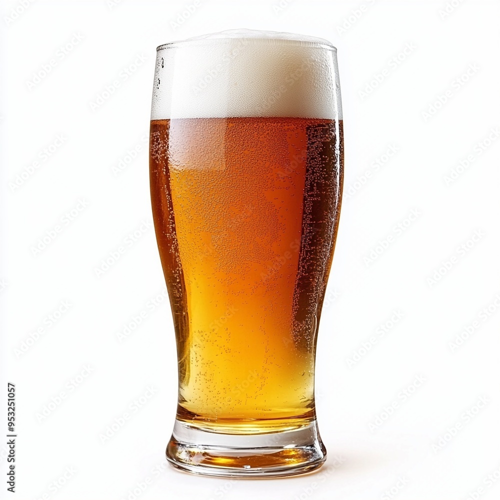 Glass of cold lager beer with condensation and foam head Glass of cold lager beer with condensation and foam head