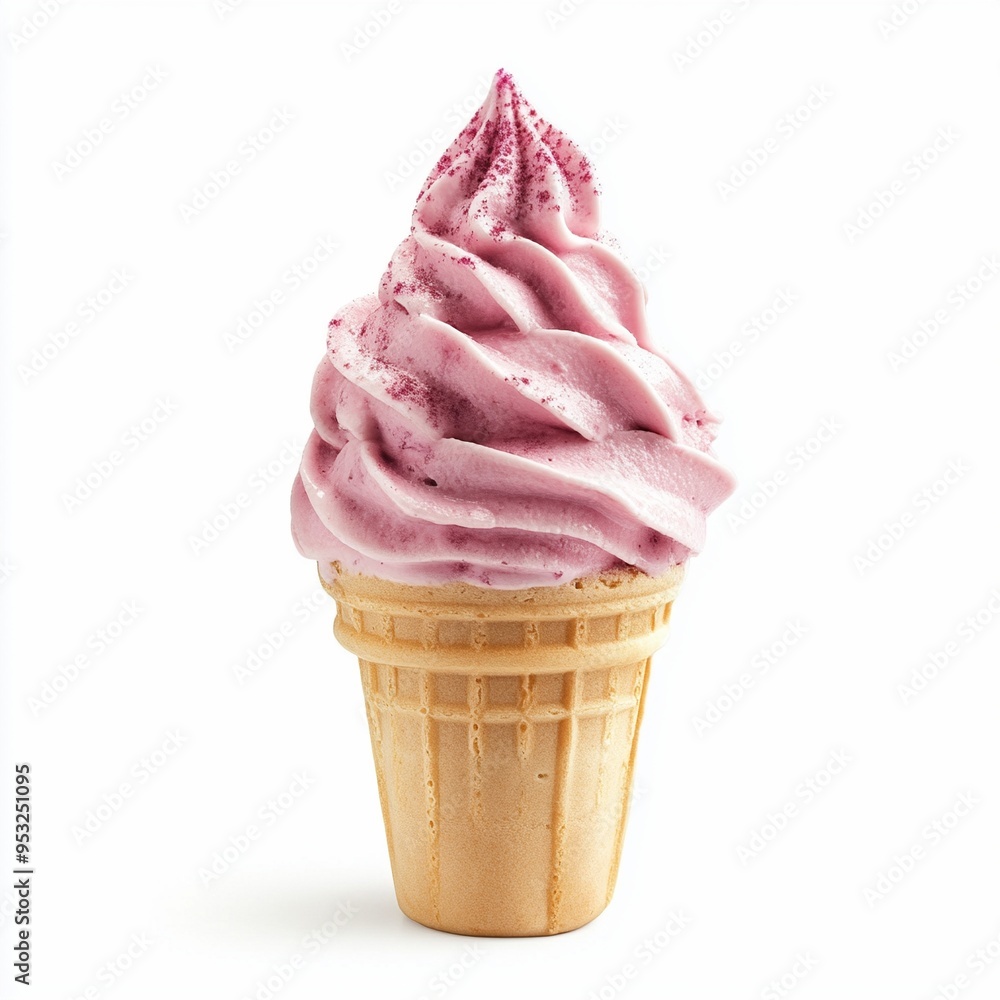 Pink ice cream swirl covered in sprinkles in a waffle cone