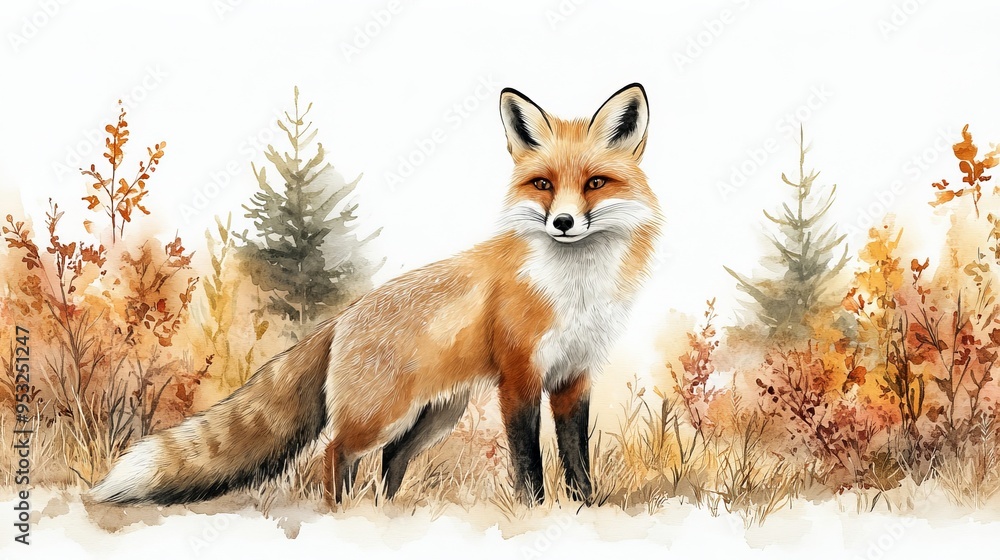Fototapeta premium Forest Fox Watercolor Illustration: A charming red fox stands proudly in a serene woodland setting, surrounded by lush foliage. The intricate watercolor details bring the scene to life, evoking a sens